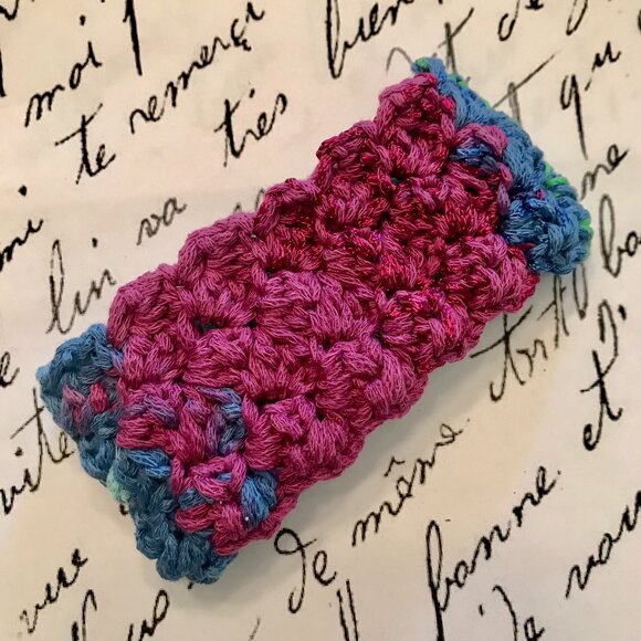 Handmade SLIP-ON CUFF in Shades of Blue and Green Fiber Embellished w/Vtg Charm - Picture 4 of 7